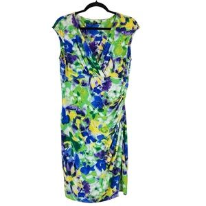 Ralph Lauren Dress Floral Watercolor Green Blue Yellow Ruching Stretch Sz 10